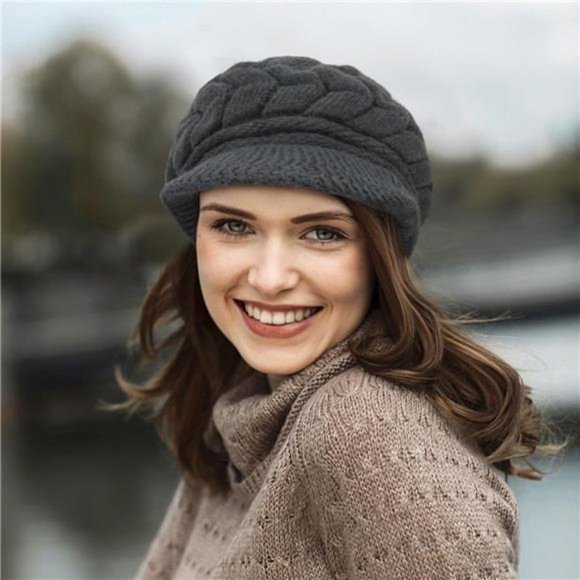 Women\'s Winter Beanie Warm Knitted Slouchy Wool Hats Cap with Visor, Dark Gray main image 5